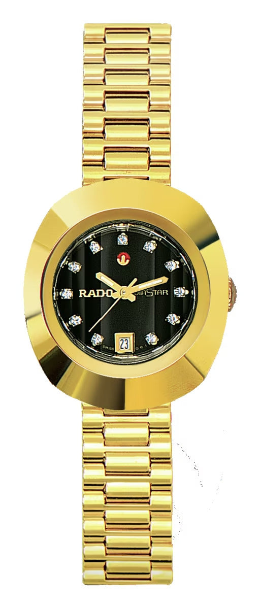 Gold wristwatch with a black face on a white background