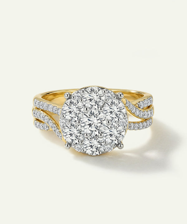 Gold and diamond ring on a white background