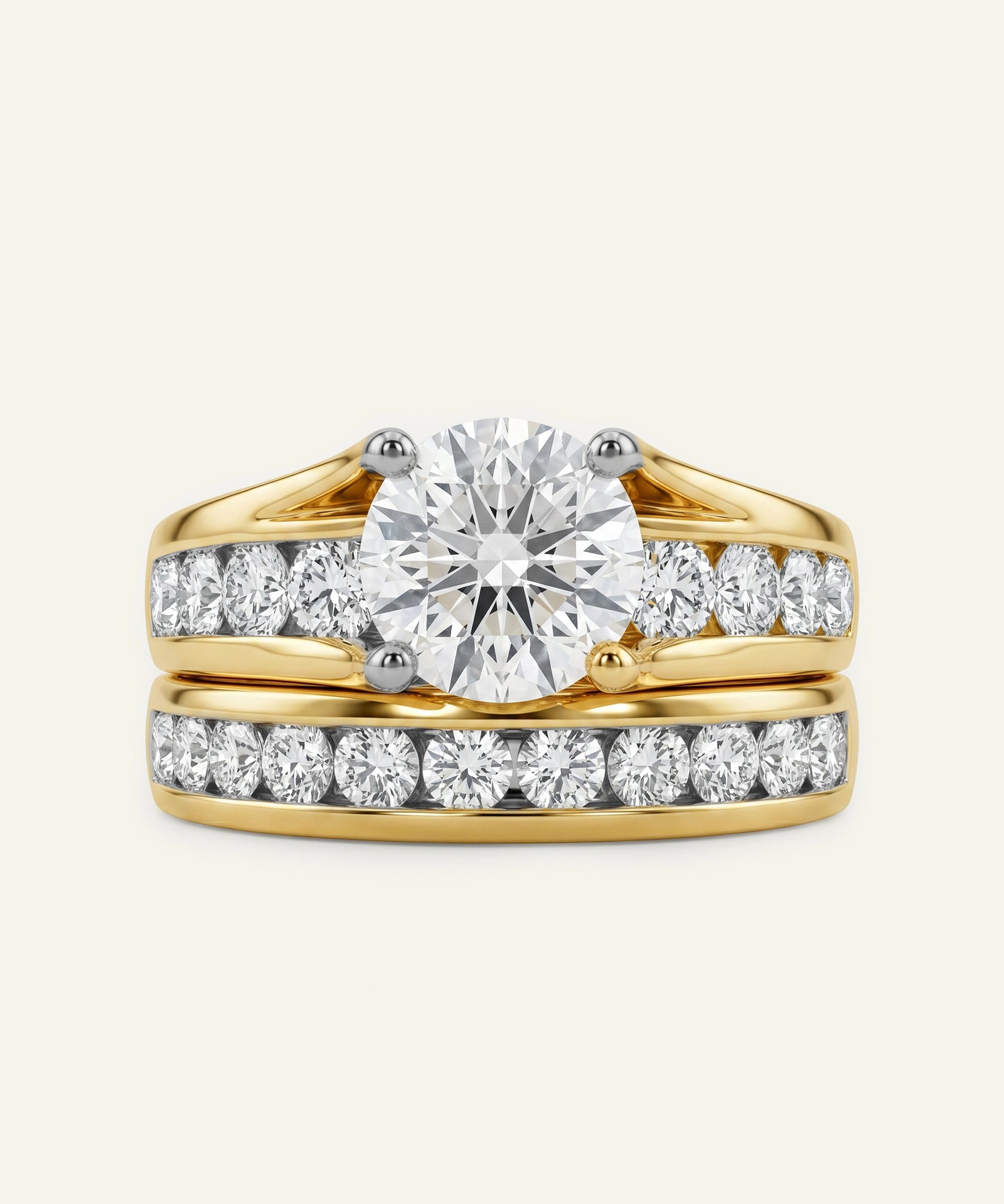 Gold ring with a large diamond and smaller diamonds on a white background