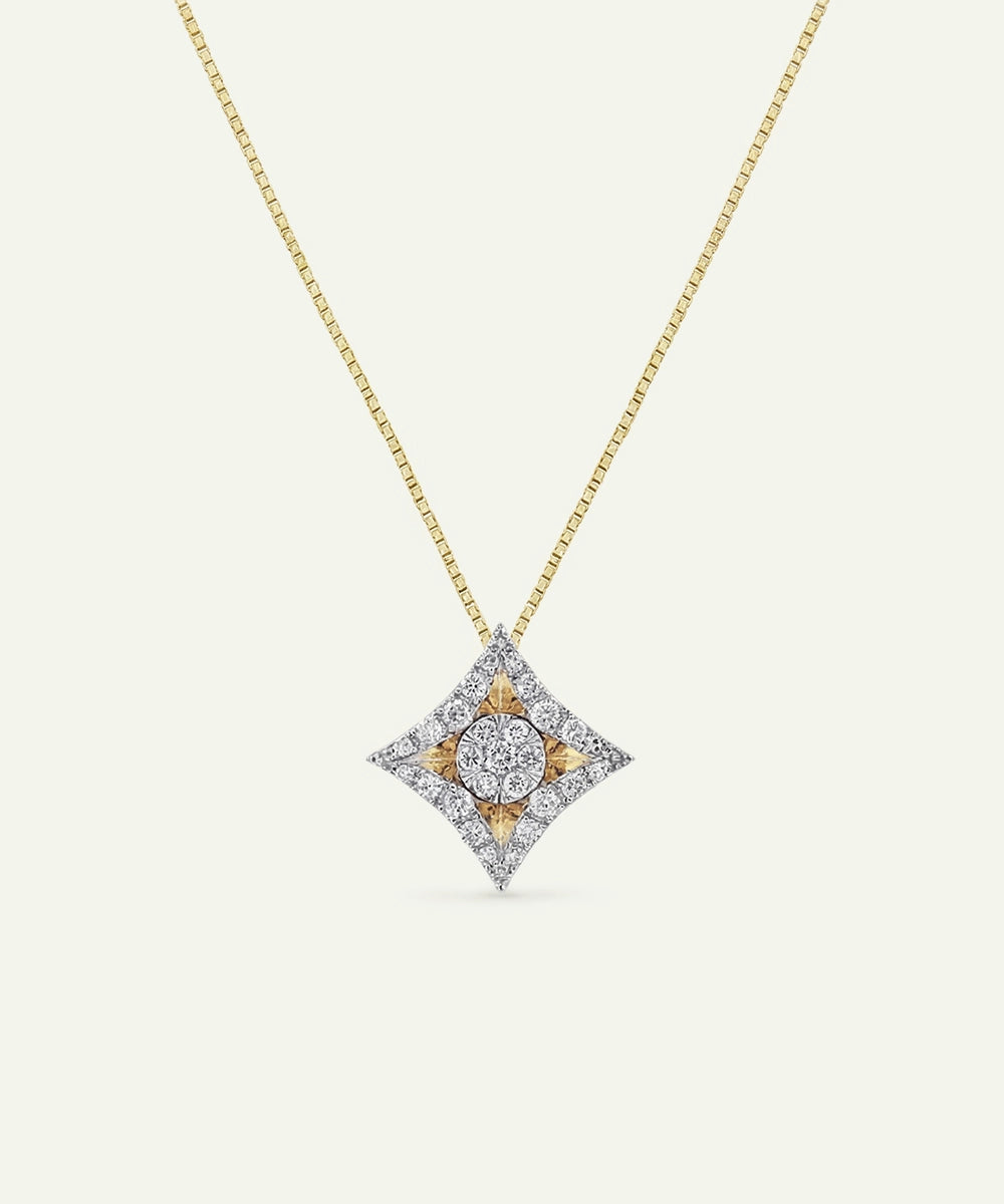 Diamond necklace with a star-shaped pendant on a light beige background