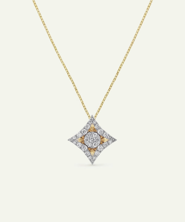 Diamond necklace with a star-shaped pendant on a light beige background