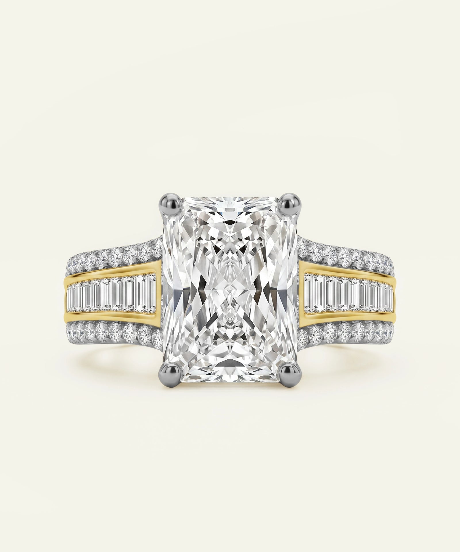 Two-tone diamond ring with a large central diamond and smaller diamonds on the band against a white background.