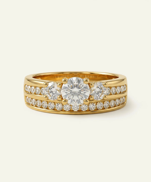Gold ring with a large diamond and smaller diamonds on a white background