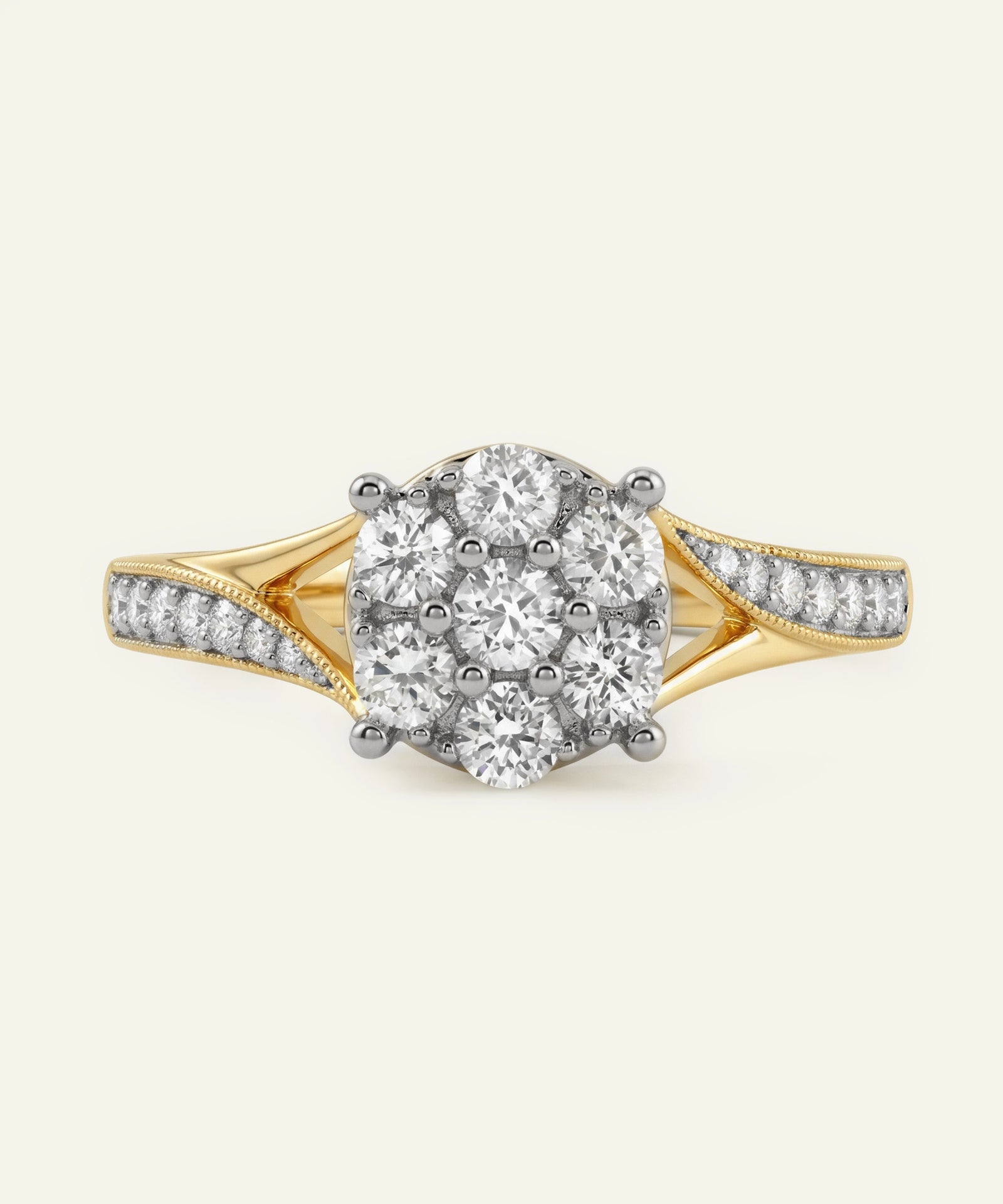 Gold and diamond ring on a white background