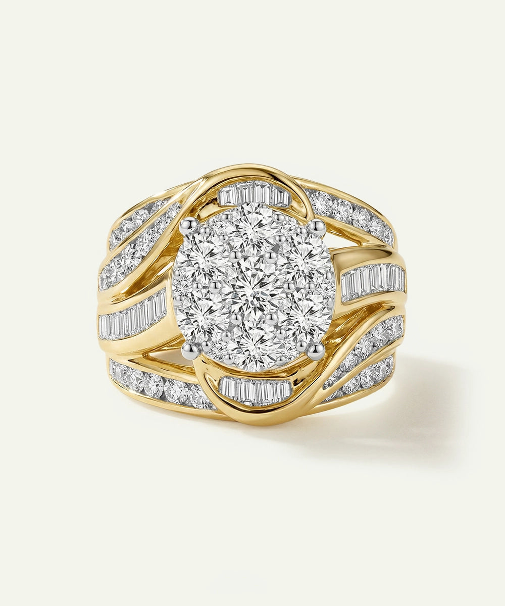 Gold ring with a large diamond and smaller diamonds on a light background