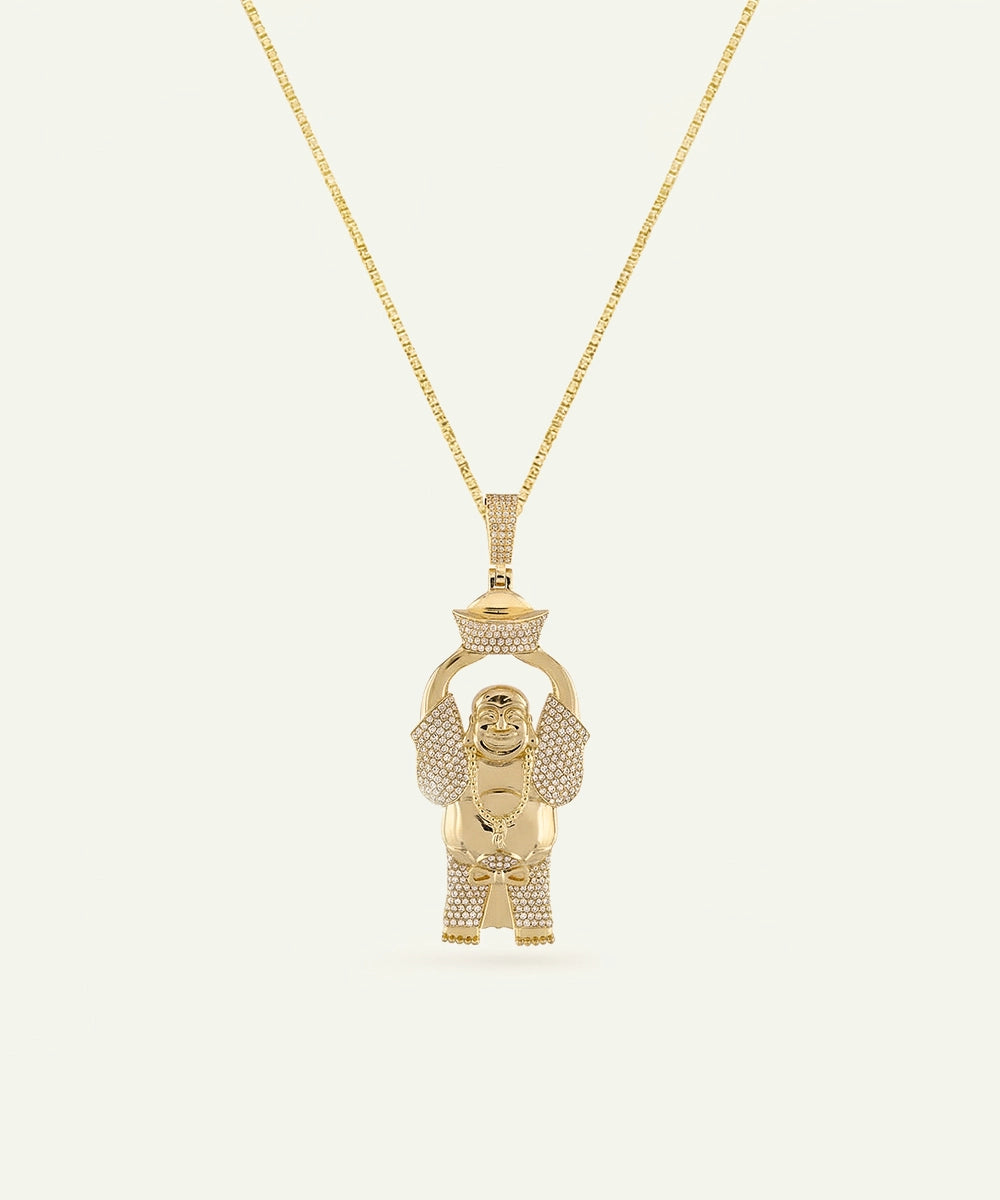 Gold pendant necklace on a white background
