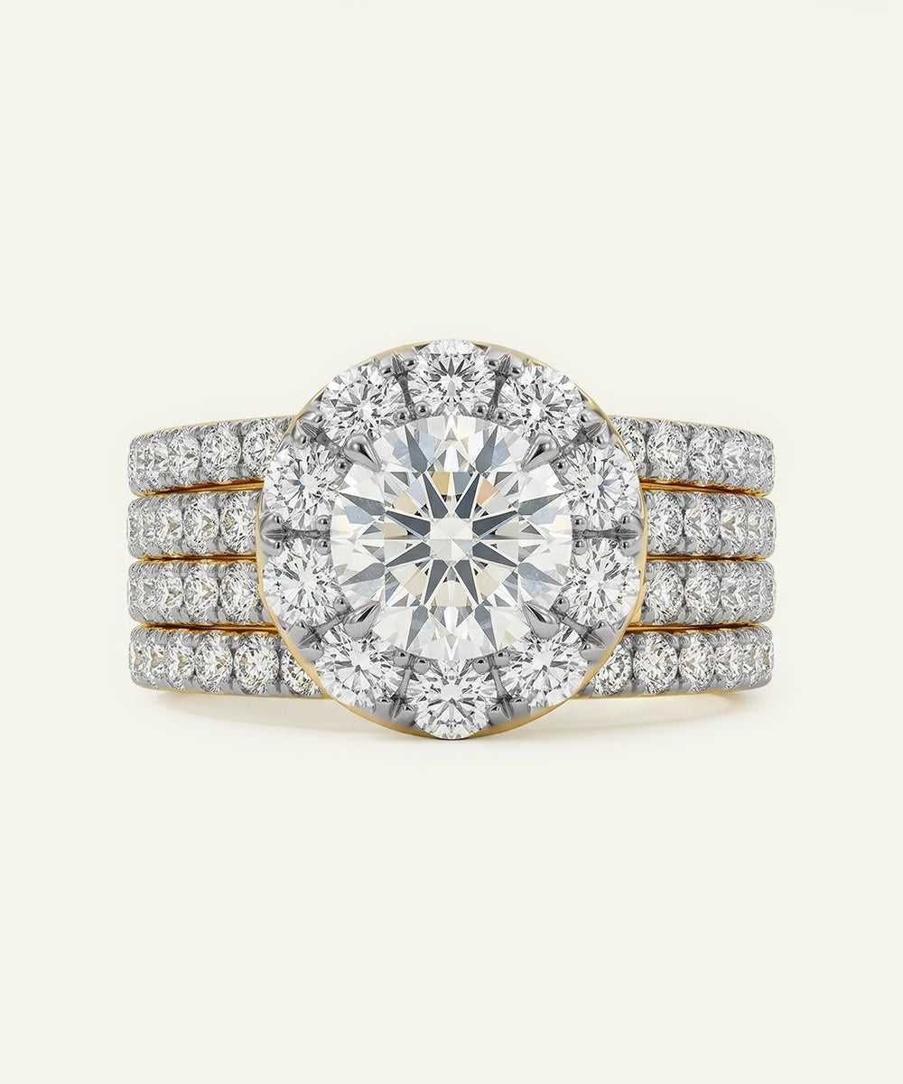 Diamond ring with a halo and multiple bands on a white background