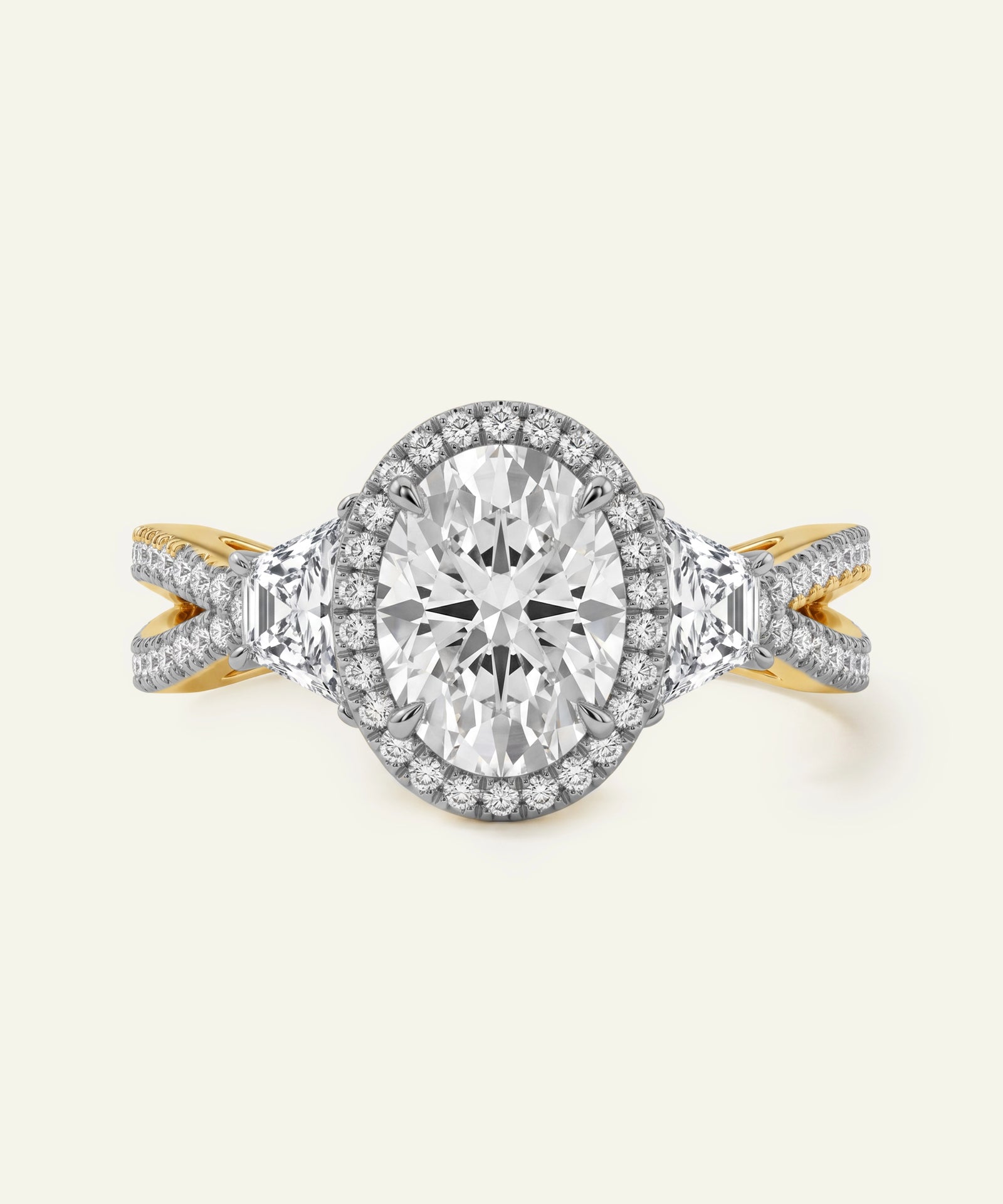 Diamond ring with gold and silver band on a white background
