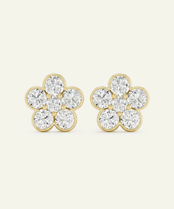 Pair of gold flower-shaped earrings with clear gemstones on a white background