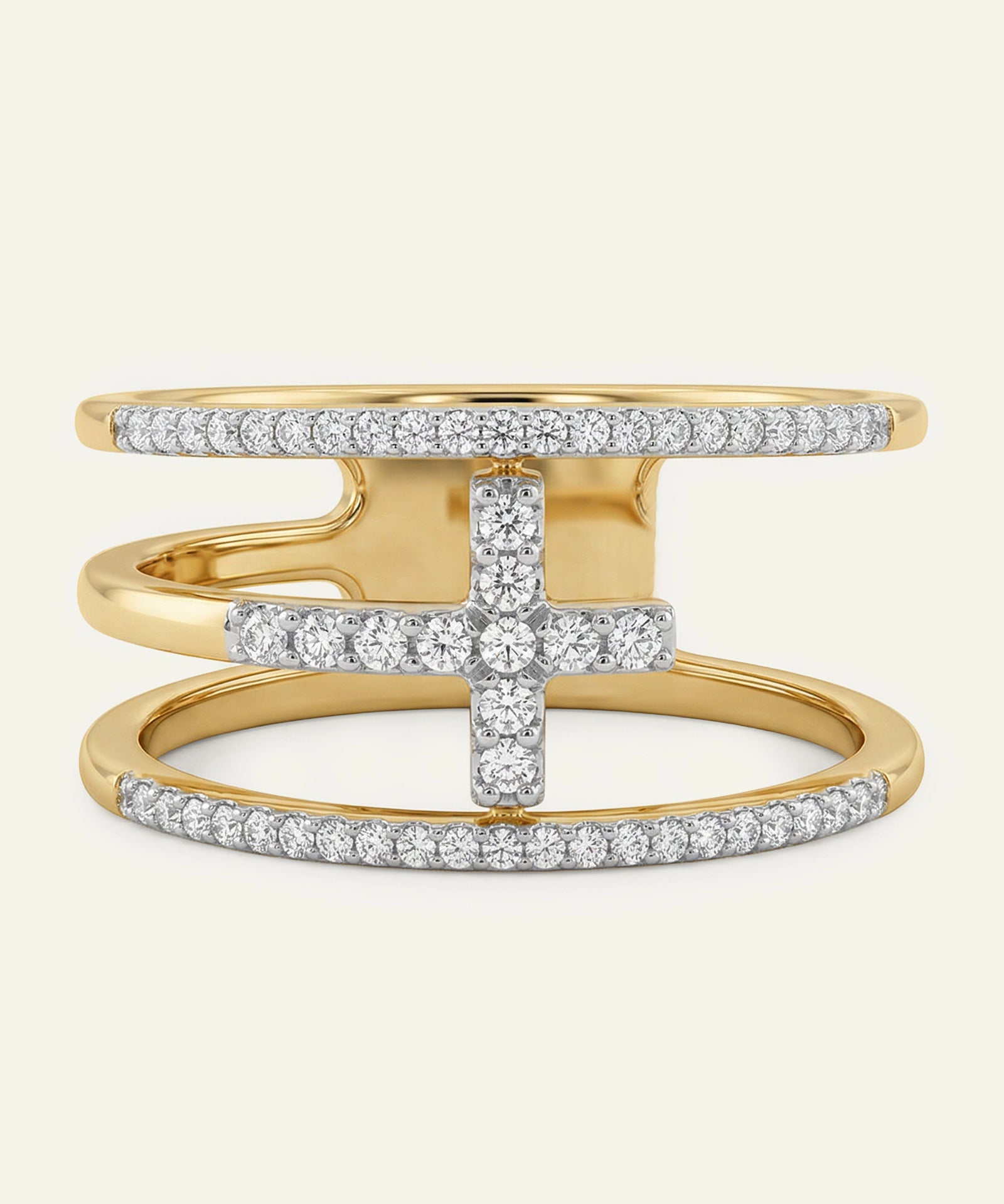 Gold ring with diamond accents on a white background