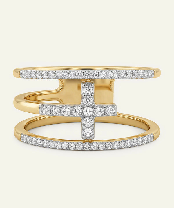 Gold ring with diamond accents on a white background