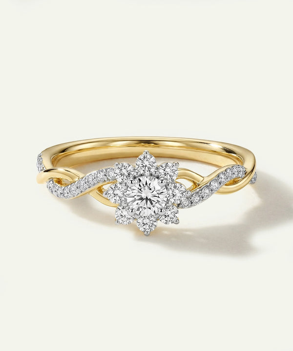 Gold ring with a diamond on a light beige background