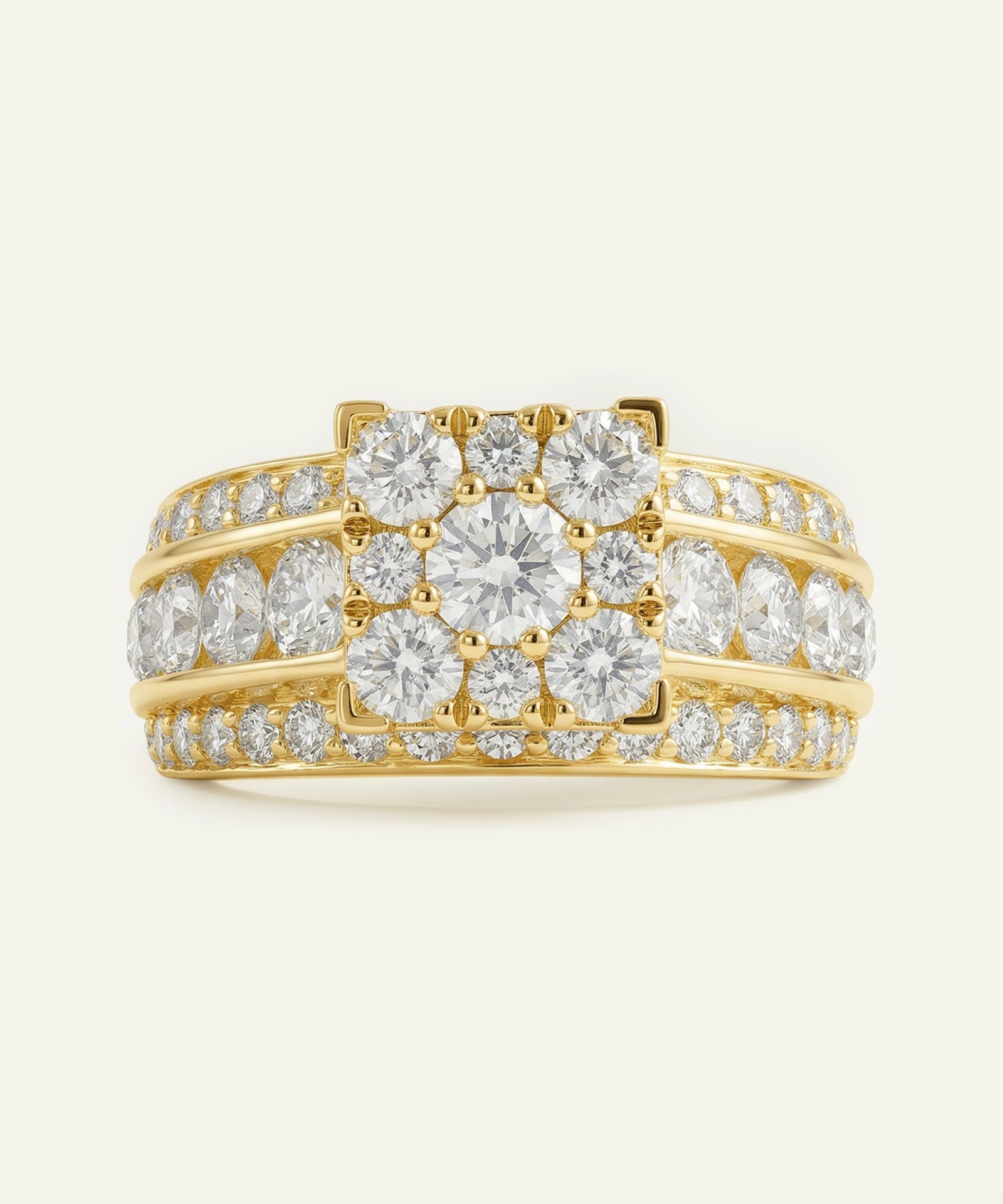 Gold ring with diamond stones on a white background