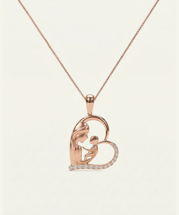 Rose gold heart-shaped pendant with a chain on a light beige background