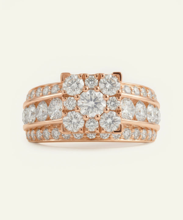 Rose gold ring with diamonds on a light beige background