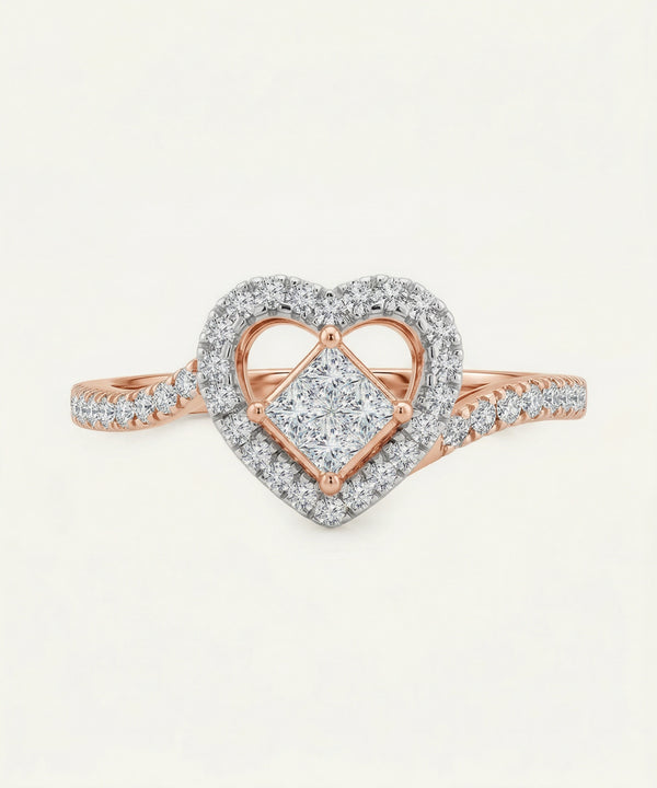 Rose gold and silver heart-shaped ring with diamonds on a light gray background