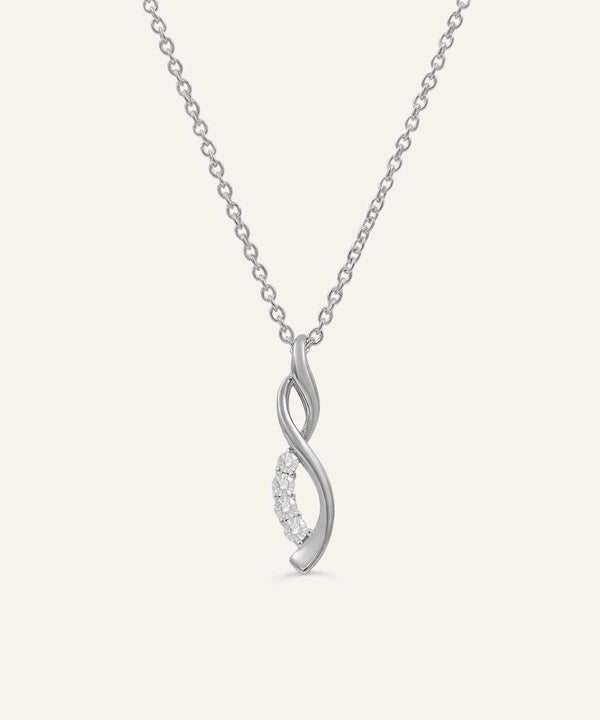 Silver necklace with a twisted pendant on a white background