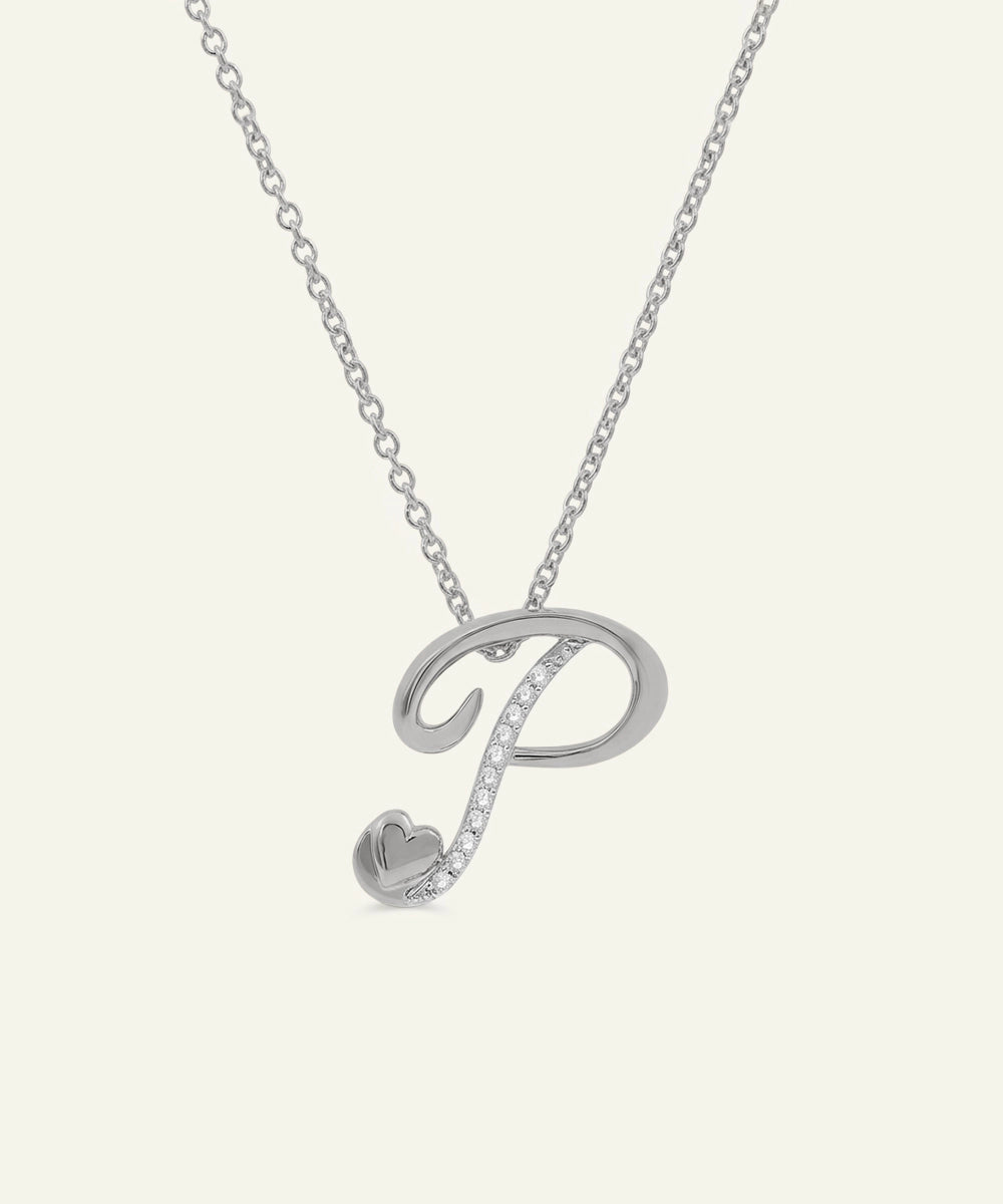 Silver necklace with a 'P' pendant on a white background