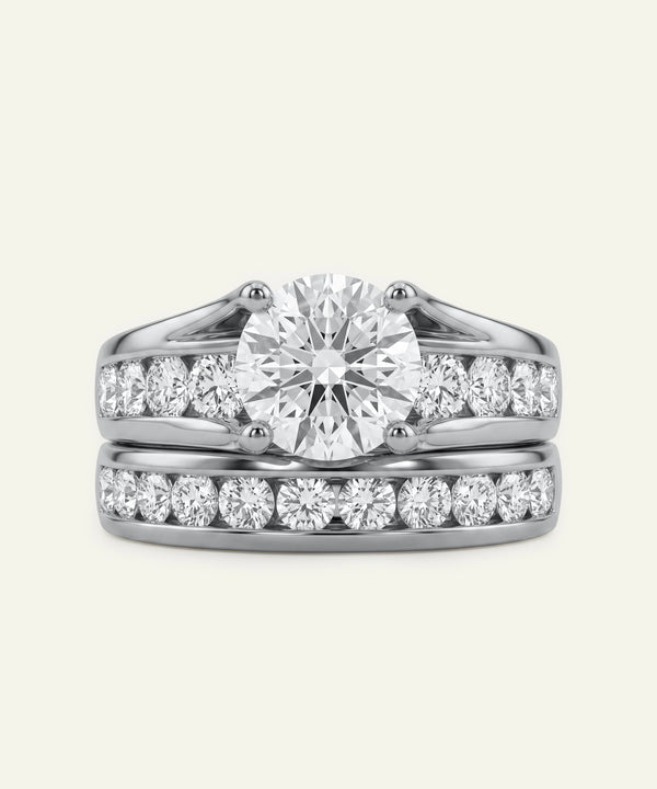 Diamond wedding ring set on a white background