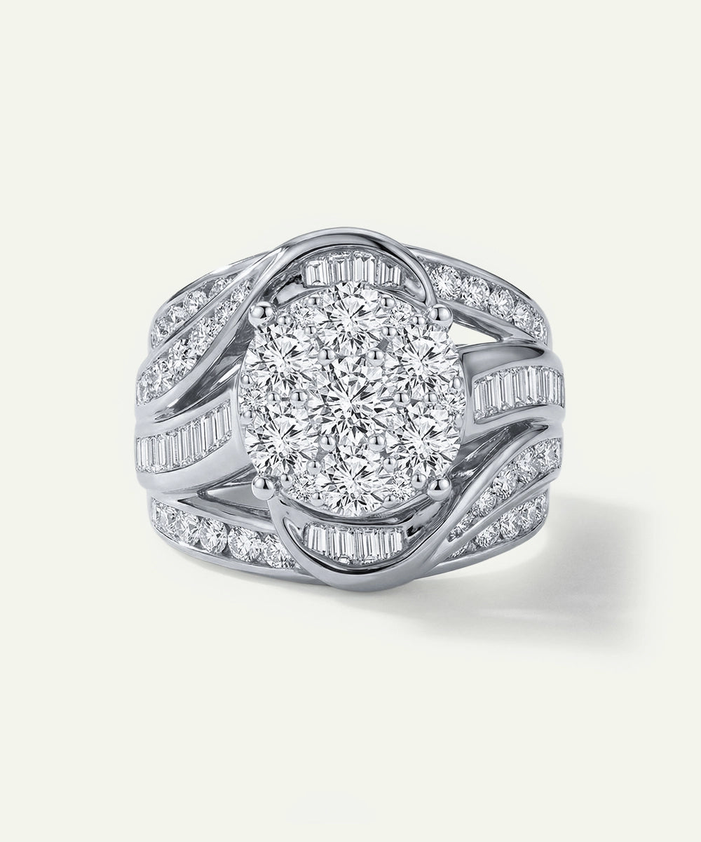 Silver ring with a large central diamond and smaller diamonds on a white background