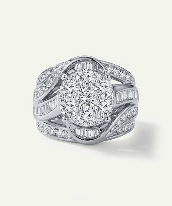 Silver ring with a large central diamond and smaller diamonds on a white background