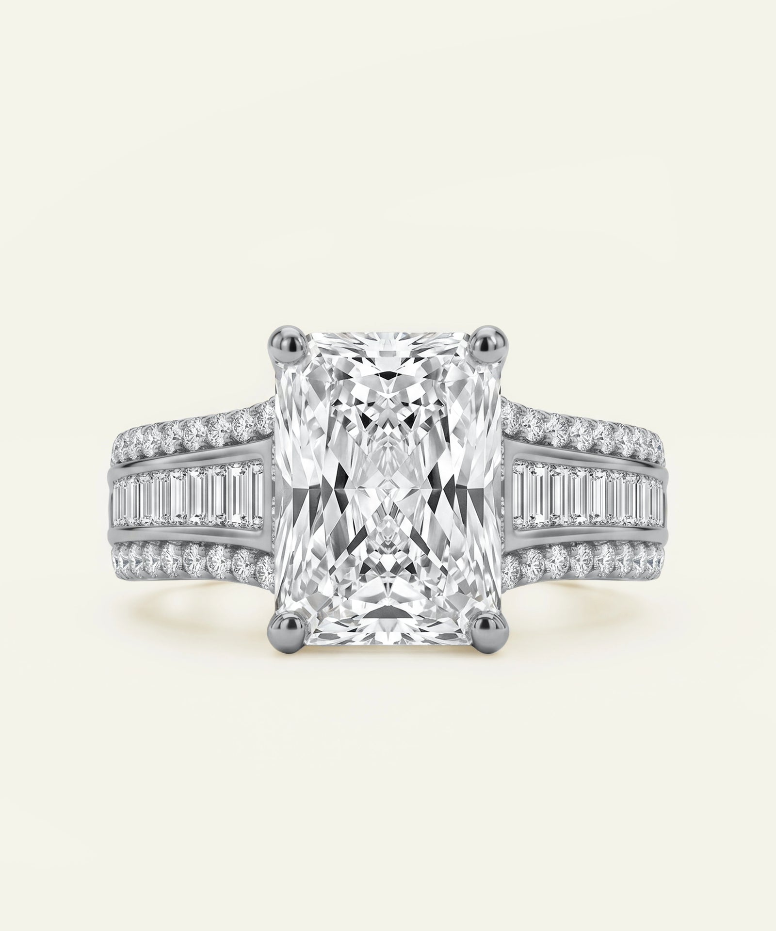 Diamond ring with a large central gemstone and smaller stones on a light background