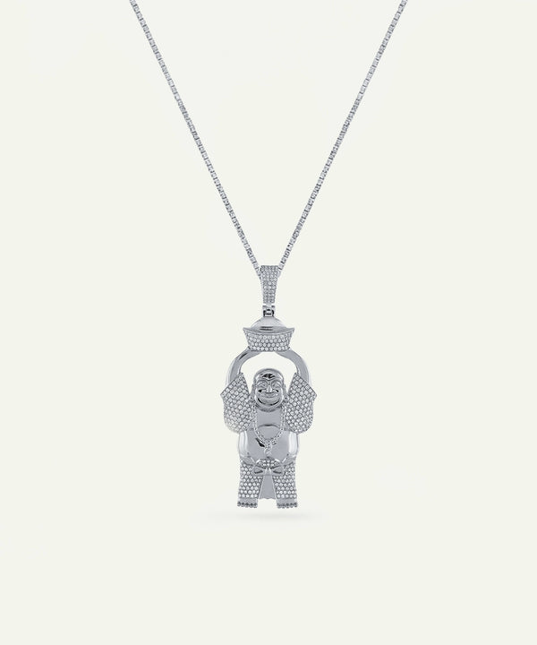 Silver pendant necklace with a detailed design on a white background