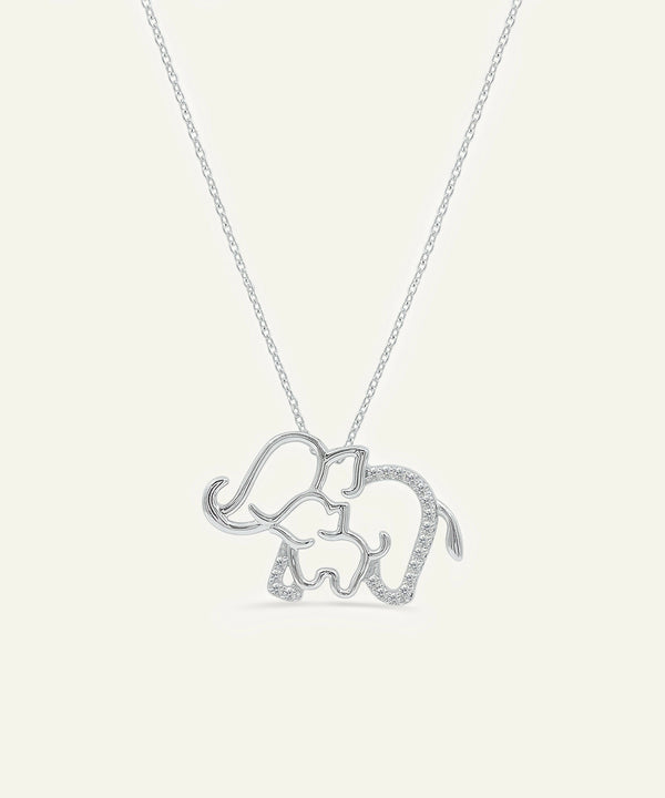 Silver elephant pendant necklace on a white background