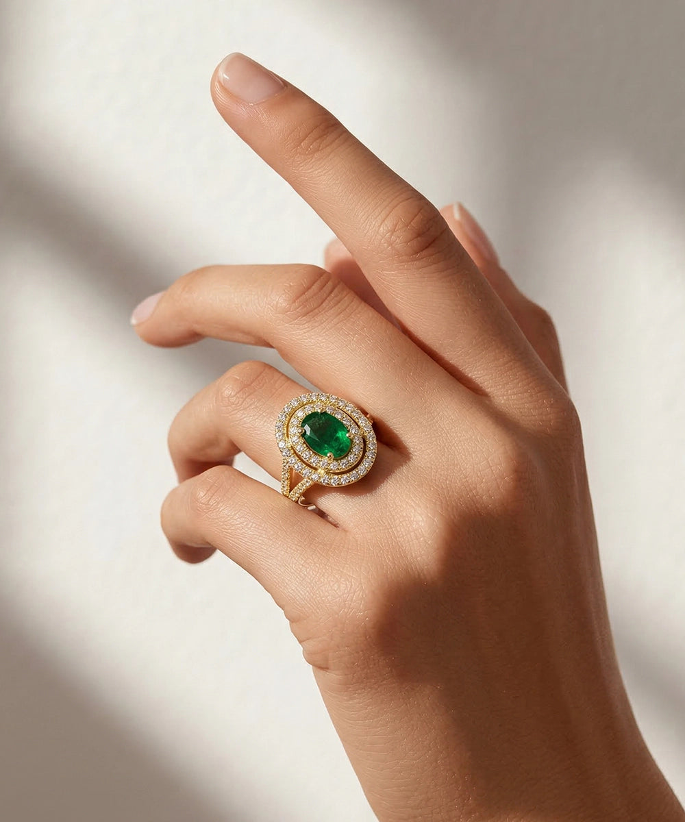 Aanika V. Emerald & Lab-grown Diamond Double Diamond Halo Ring - 0.6 Ct. T.W.