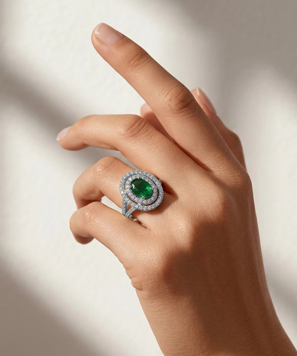 Aanika V. Emerald & Lab-grown Diamond Double Diamond Halo Ring - 0.6 Ct. T.W.