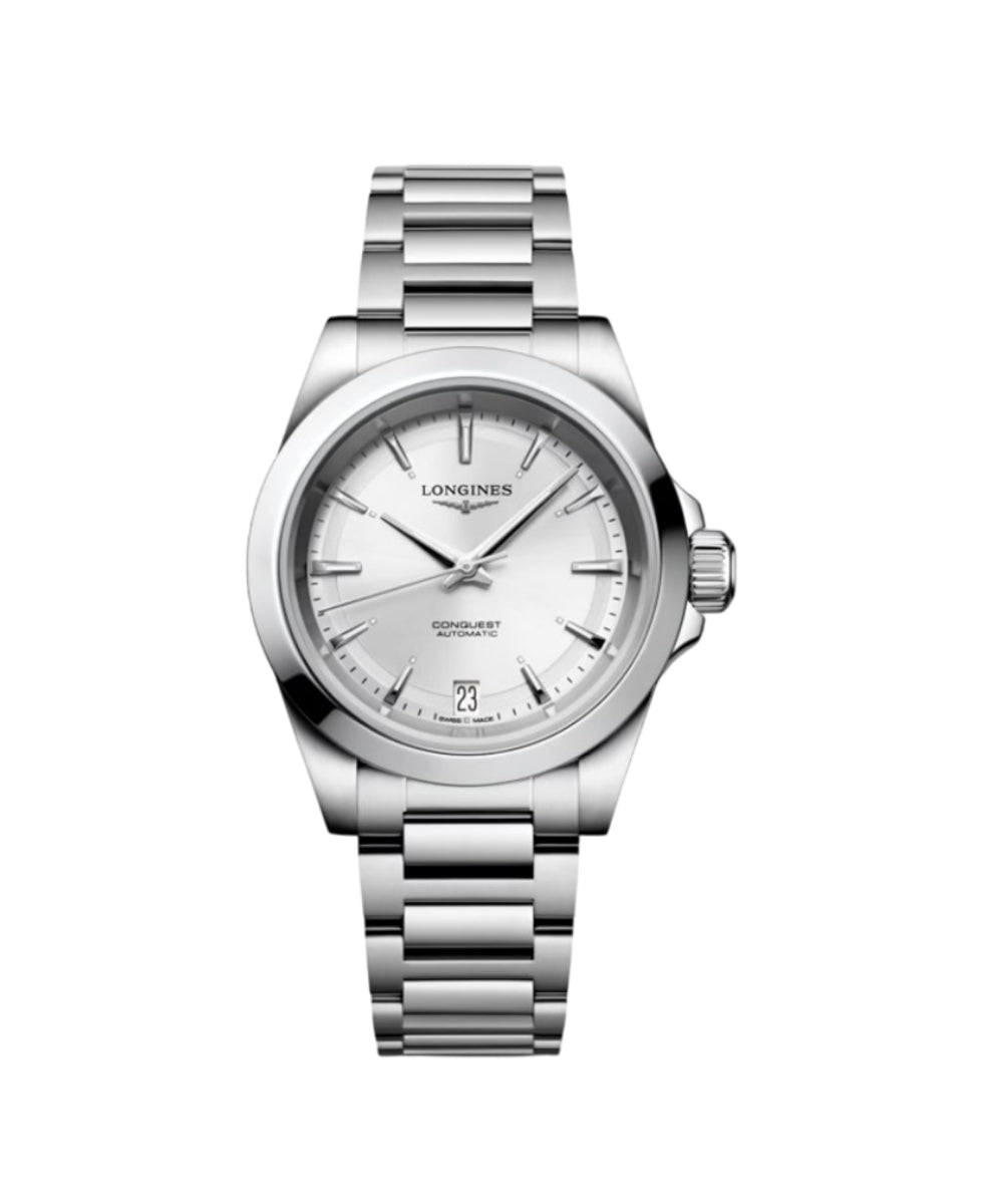 Silver watch with a white face on a white background