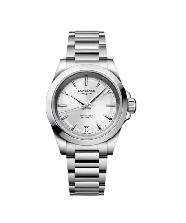 Silver watch with a white face on a white background