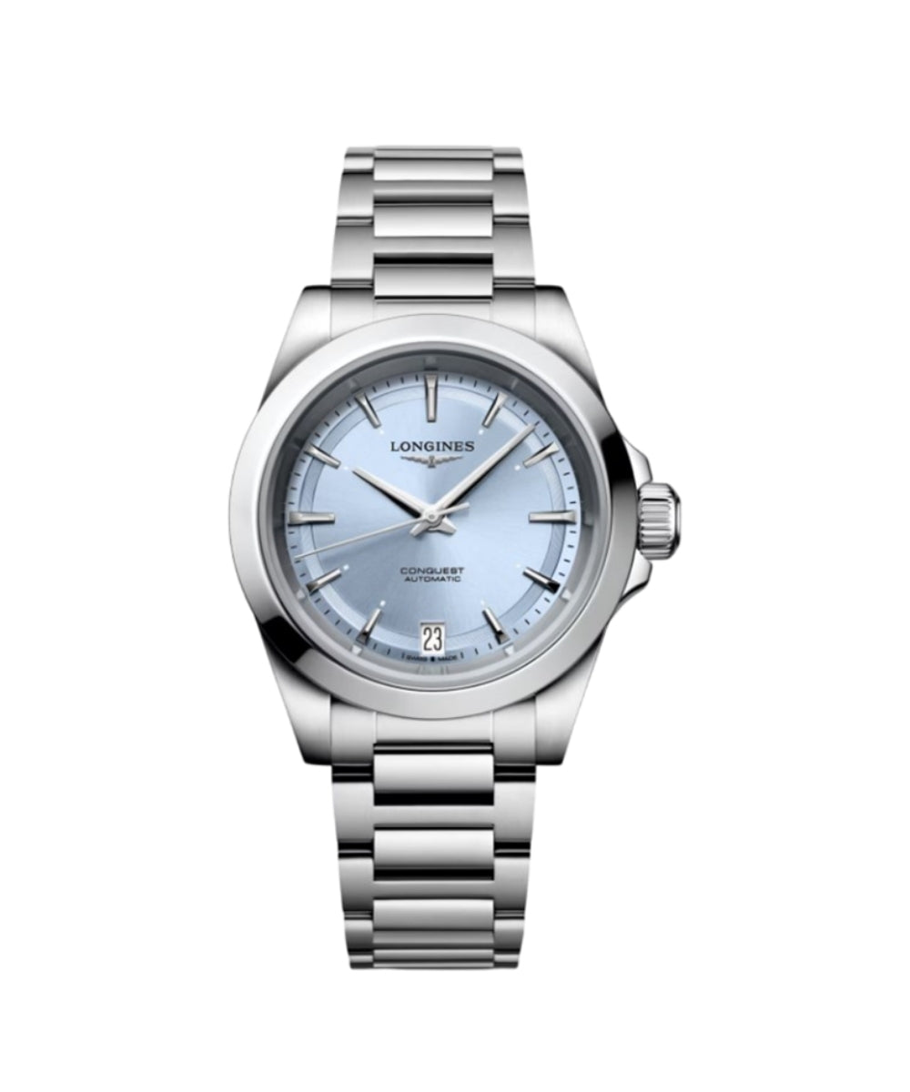 Silver watch with blue face on a white background
