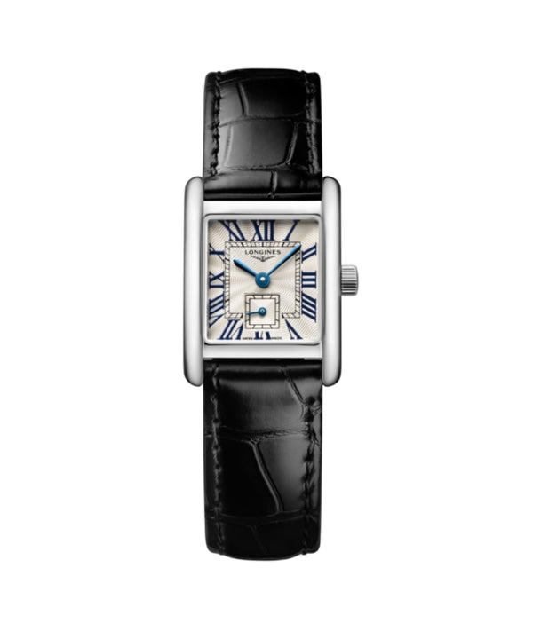Watch with black leather strap and white face on a white background