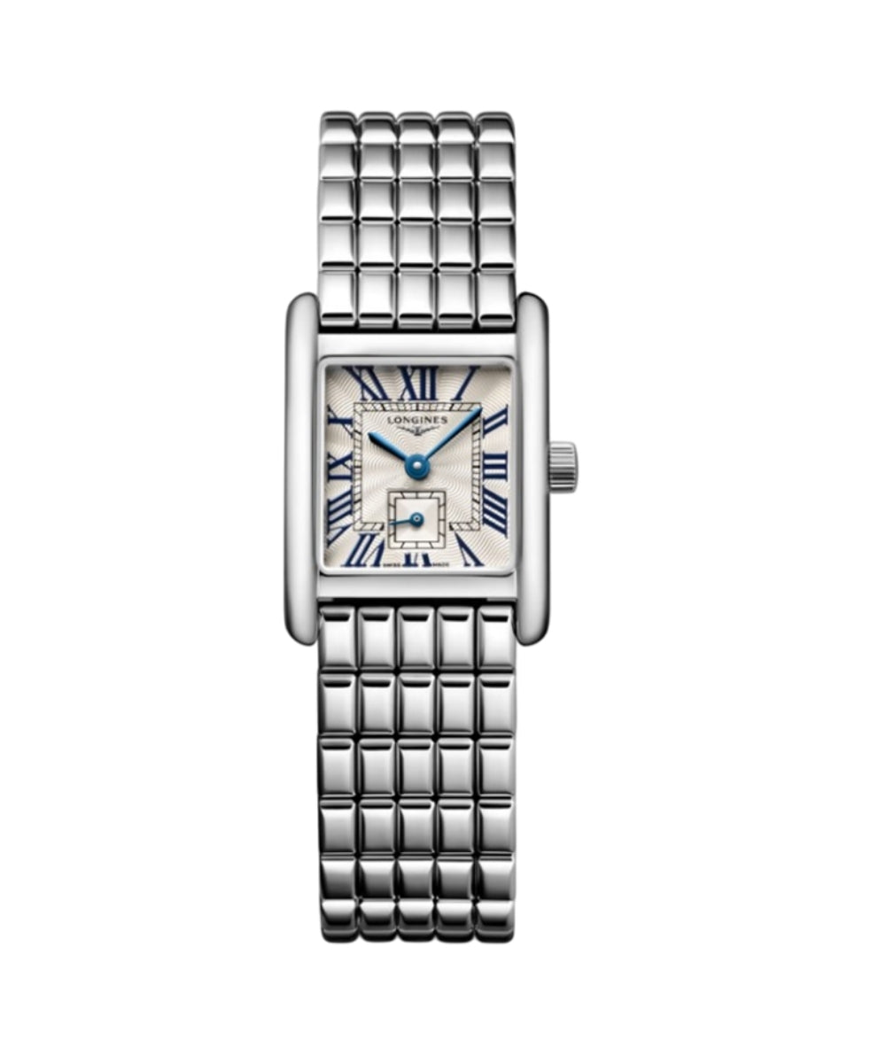 Silver watch with a white face on a white background