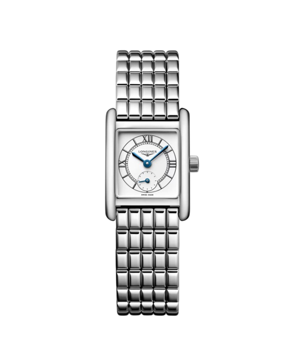 Silver watch with a grid pattern on the strap against a white background