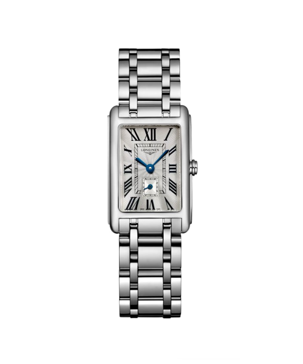 Silver watch with a white face on a white background