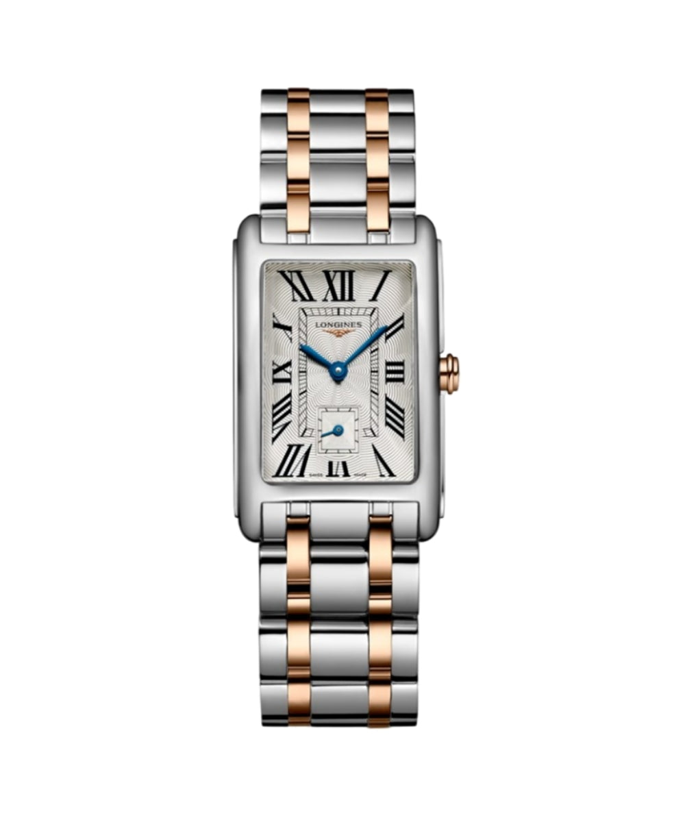 Two-tone watch with silver and rose gold band on a white background