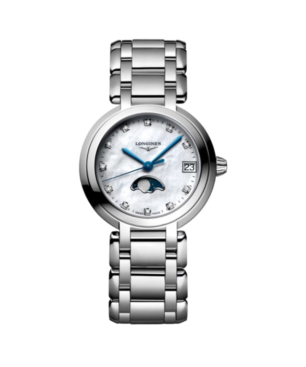 Silver watch with a white face on a white background