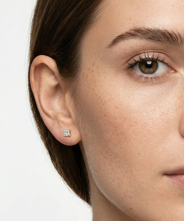 Close-up of a woman's face wearing a diamond stud earring on a white background