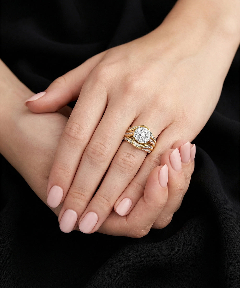 Close-up of a hand wearing a gold ring with a diamond on a dark background