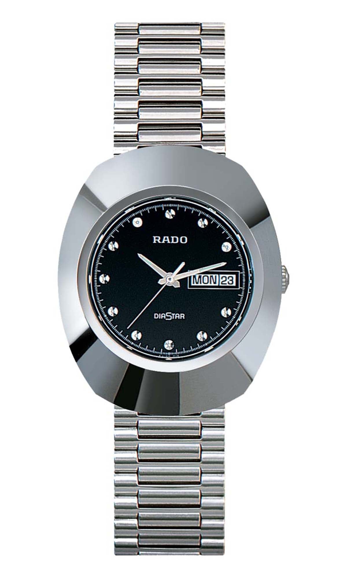 Silver watch with black dial on a white background