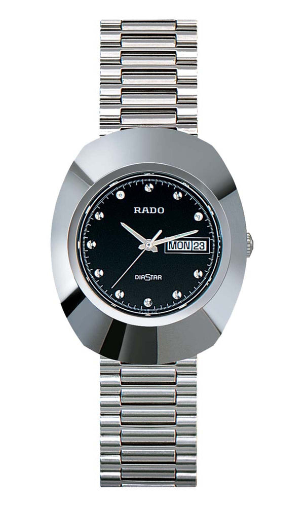 Silver watch with black dial on a white background