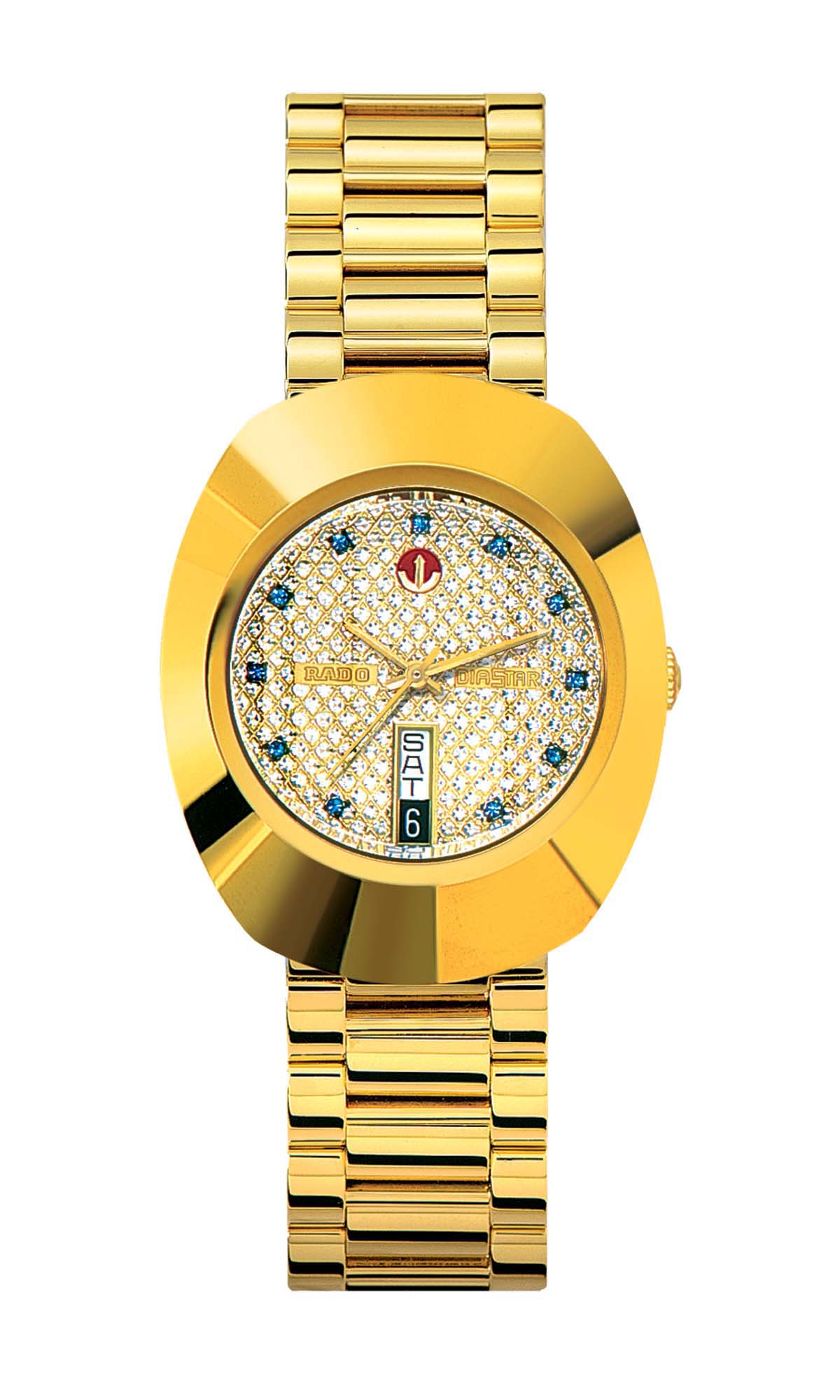 Gold wristwatch with a detailed face on a white background