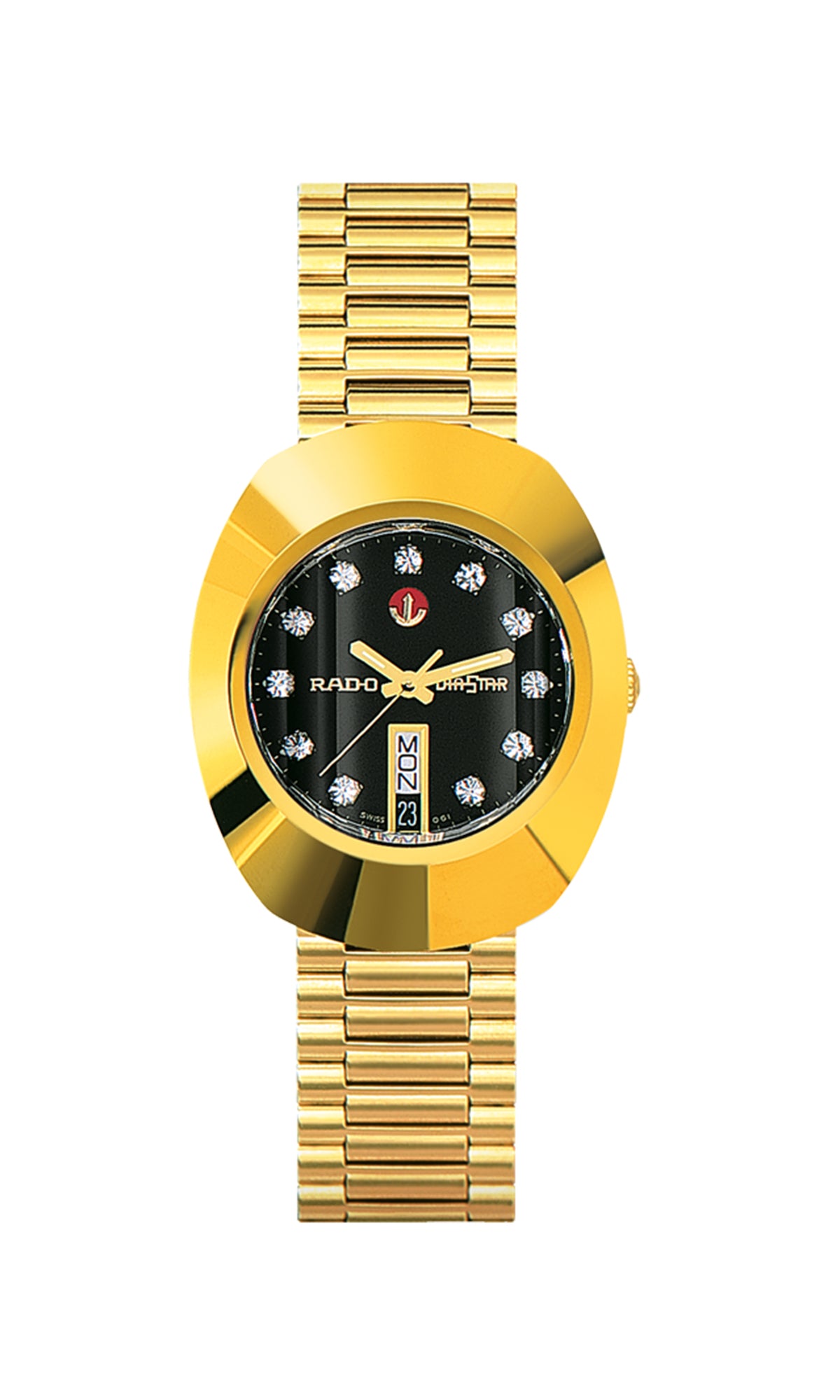 Gold wristwatch with a black face on a white background