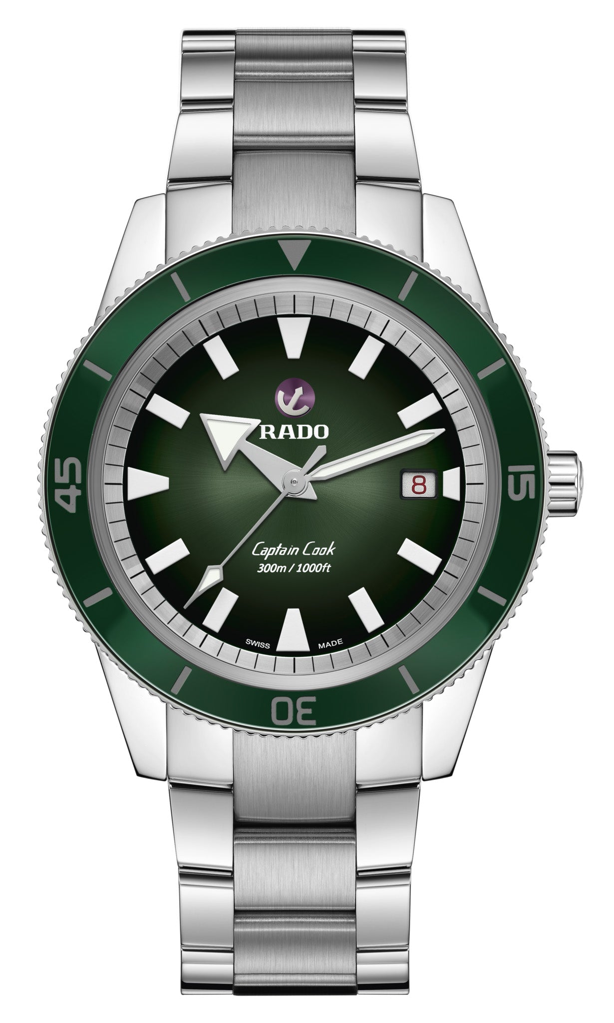 Watch with green dial and silver bracelet on a white background