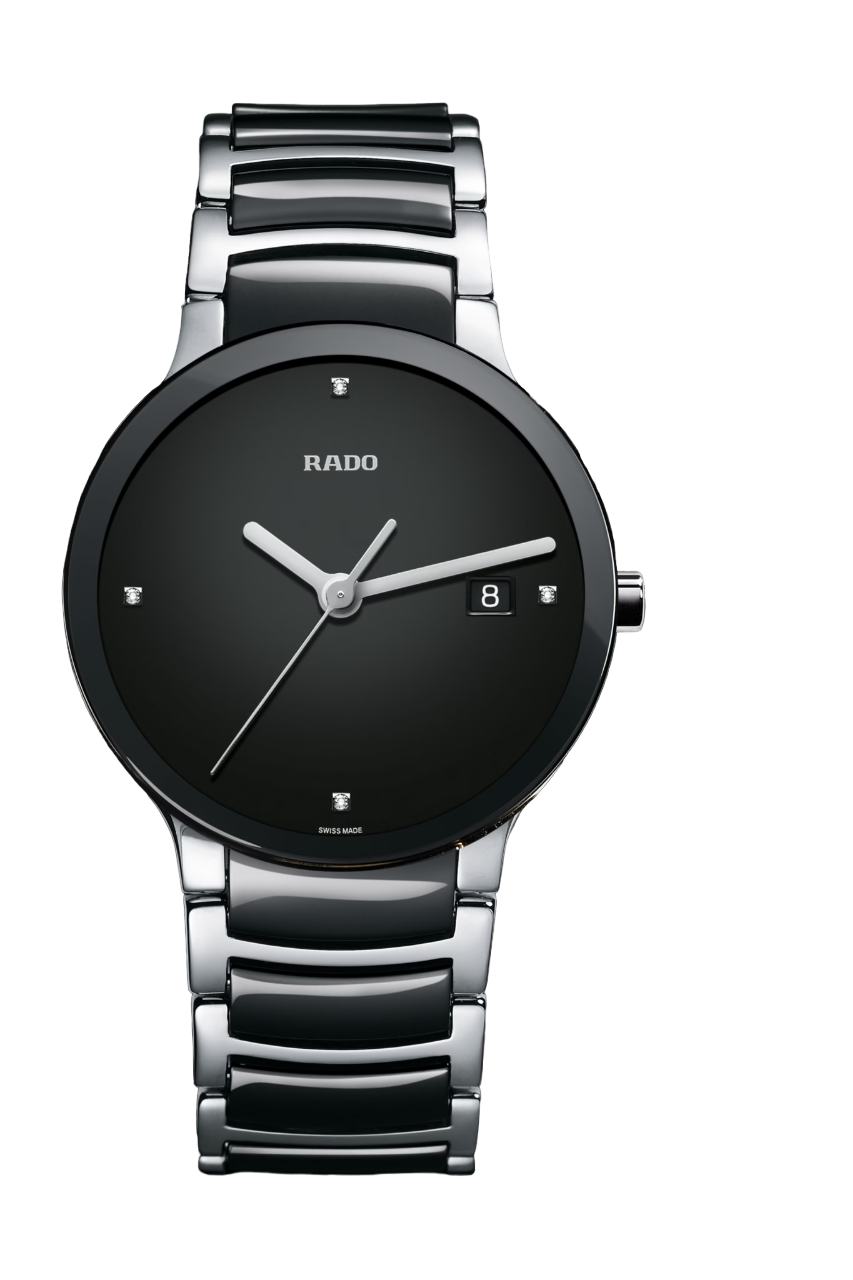 Black Rado watch with silver bracelet on a white background