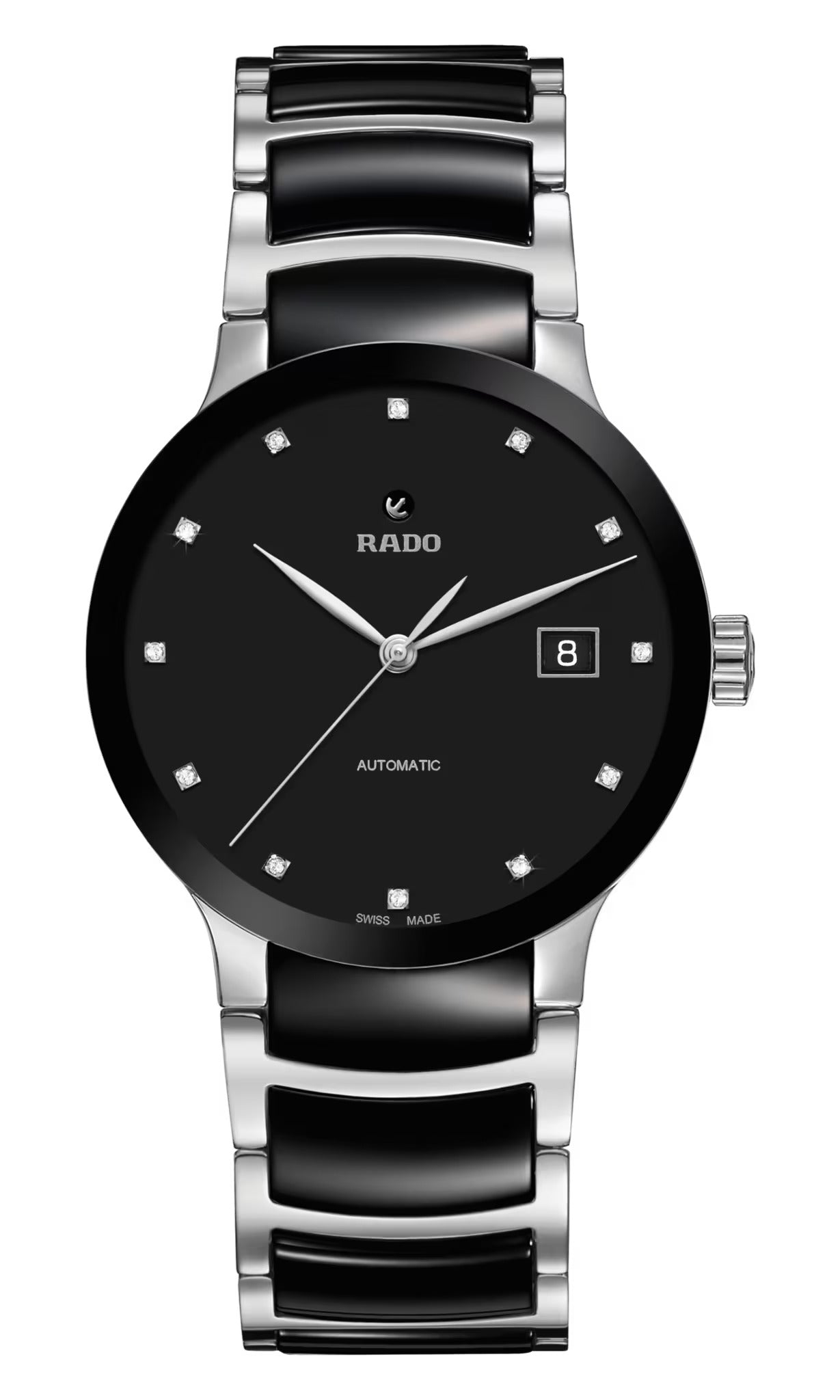 Rado watch with black and silver band on a white background