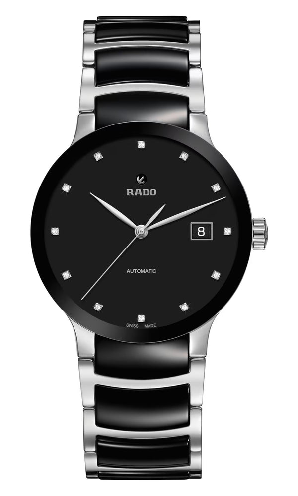 Rado watch with black and silver band on a white background