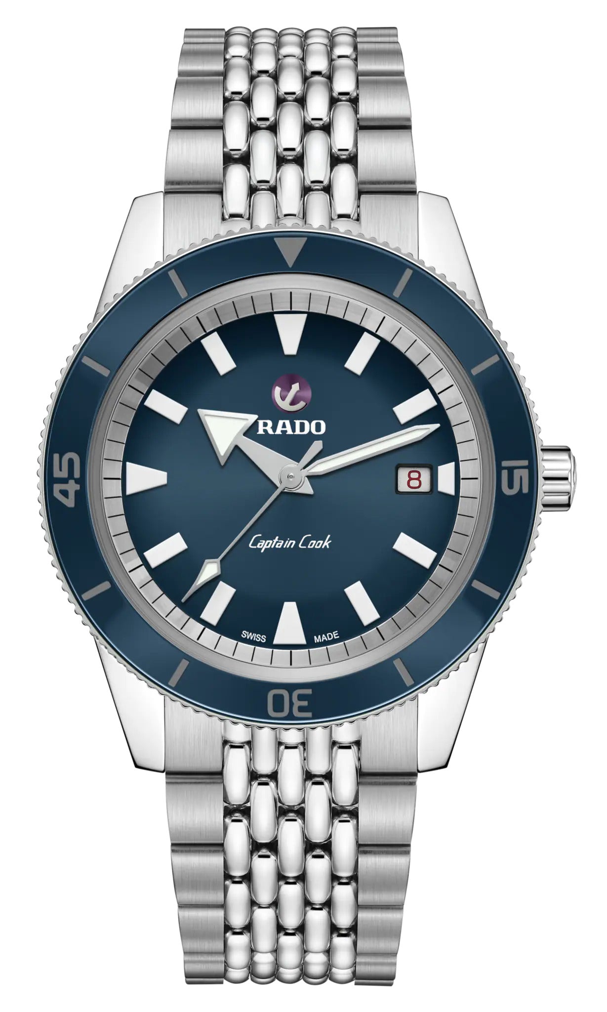 Rado watch with blue dial and silver metal bracelet on a white background